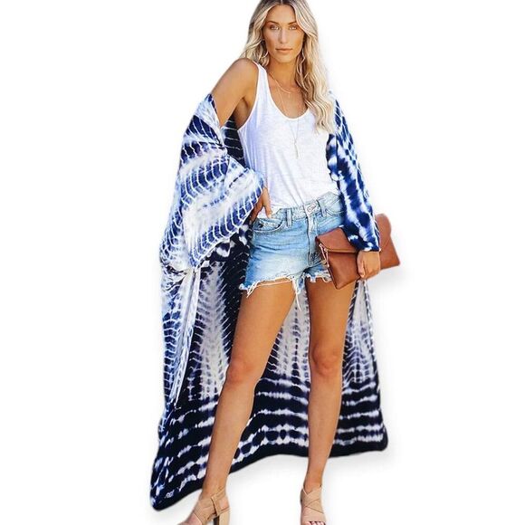 Blue White Tie Dye Boho Long Kimono Robe Beach Cover Ups NEW - Picture 1 of 3